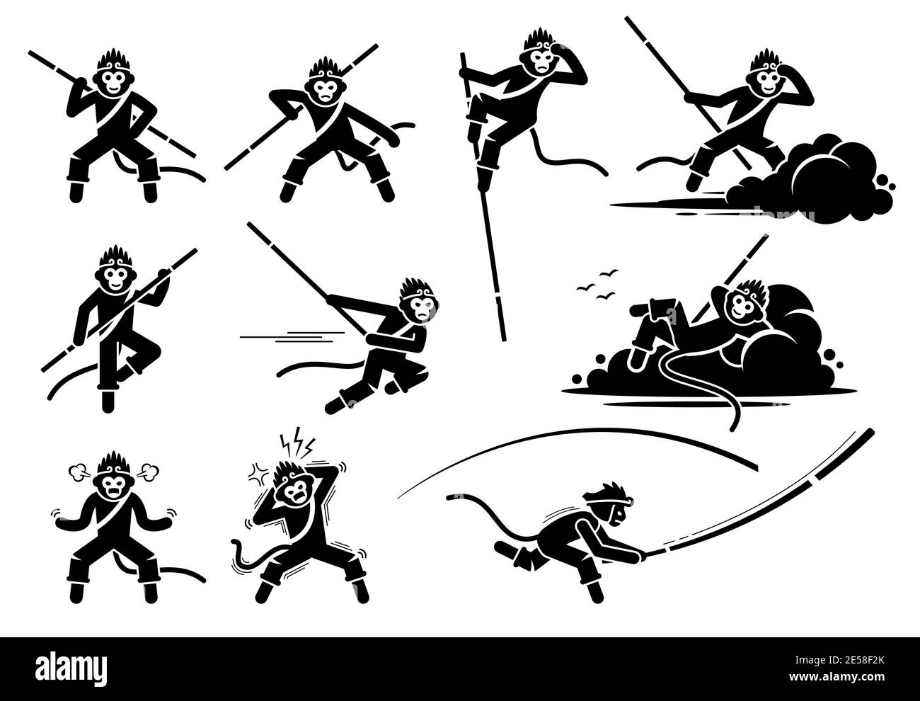 Jeu d'icônes de personnages Monkey King ou Sun Wukong. Illustrations vectorielles des actions, mouvements et émotions légendaires du singe fils Goku. Illustration de Vecteur