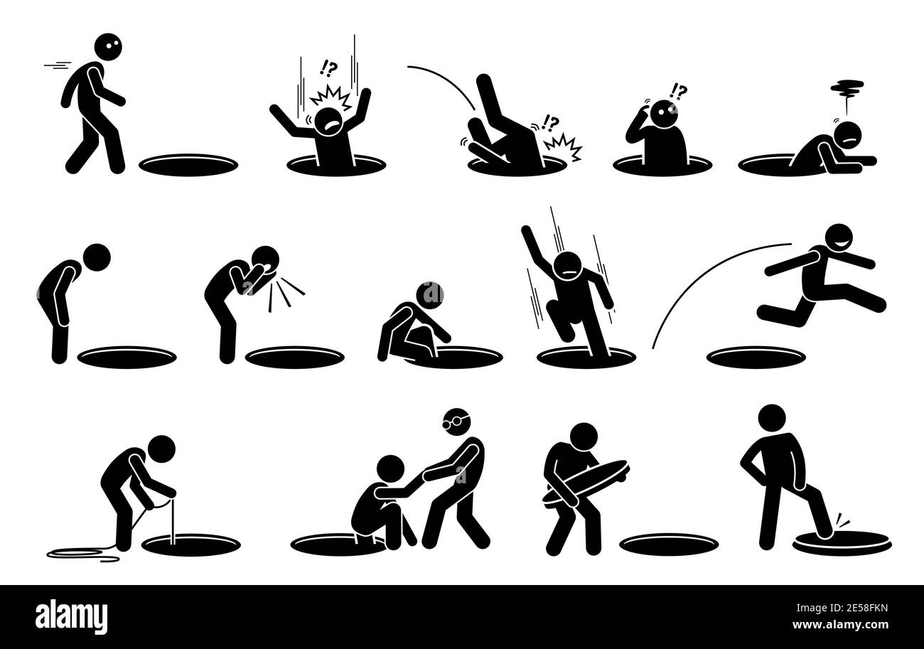 Coller la figure MAN et un trou sur le sol. Les illustrations vectorielles d'une personne tombent, sortent, regardent, entrent à l'intérieur, sautent et couvrent un trou Illustration de Vecteur