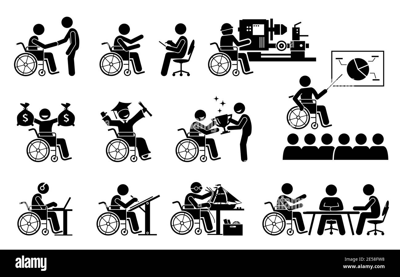 Personne handicapée réussie ayant une bonne carrière et icône de figure de bâton de travail. Illustrations vectorielles d'un homme de travail handicapé avec une réussite dans ed Illustration de Vecteur