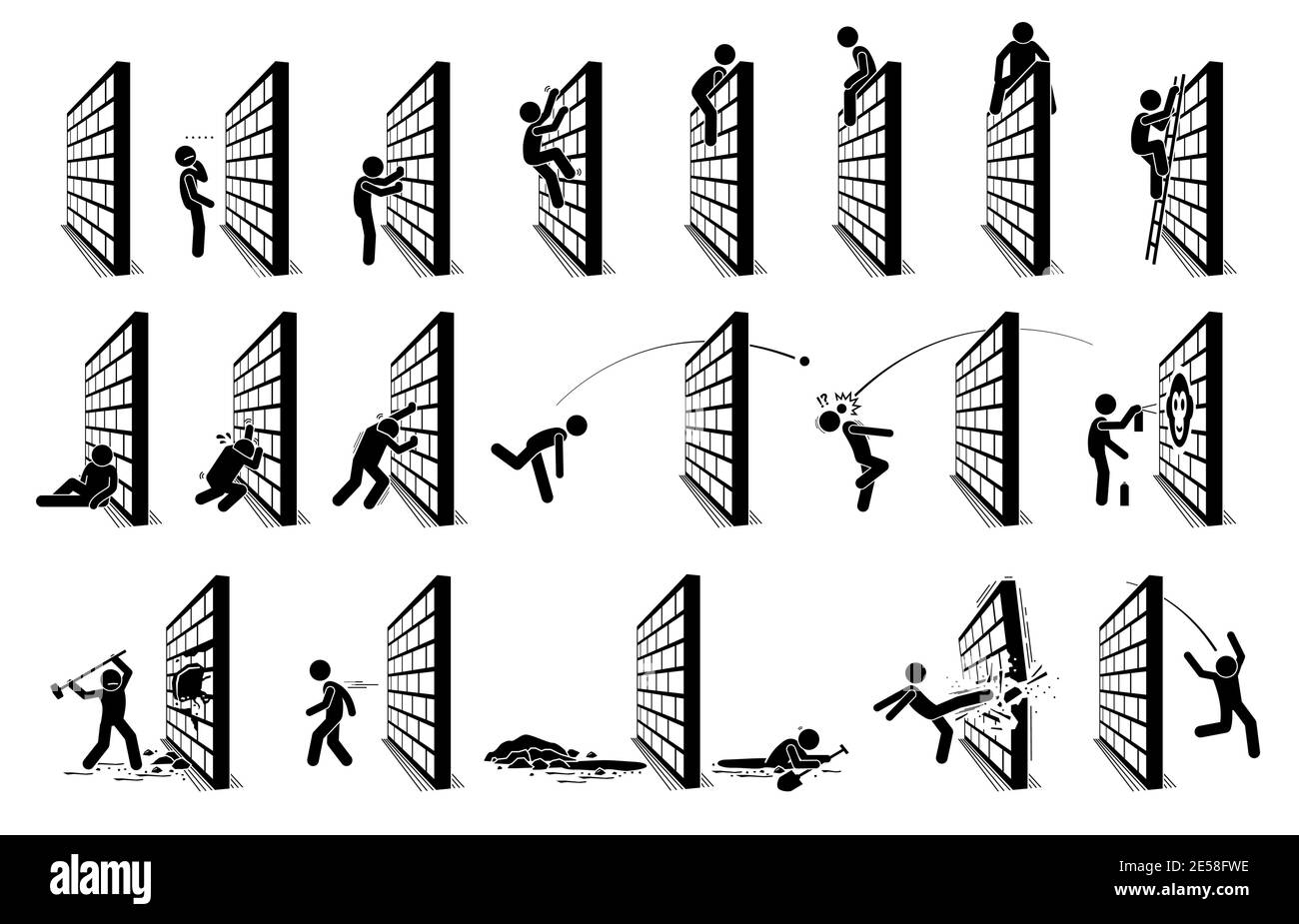 Homme avec une figure de bâton de mur icônes de pictogramme. Illustration vectorielle concept de défi, de blocage de route et de obstacle. Illustration de Vecteur