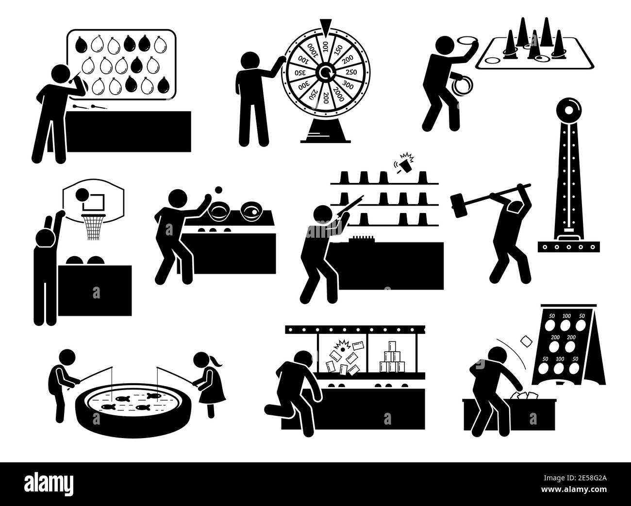 Jeux de carnaval et activités de parc à thème Stick figures icônes. Illustrations vectorielles de personnes jouant à des jeux de foire au stand. Illustration de Vecteur