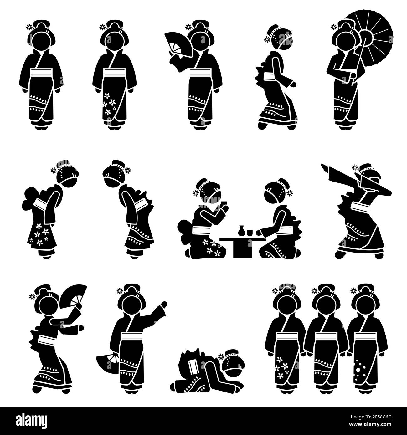 Caractères, icônes, signes et symboles de Japan Geisha ou Maiko. Illustration vectorielle de la Geisha japonaise debout, marchant, se faucher, dansant, dansant et dri Illustration de Vecteur