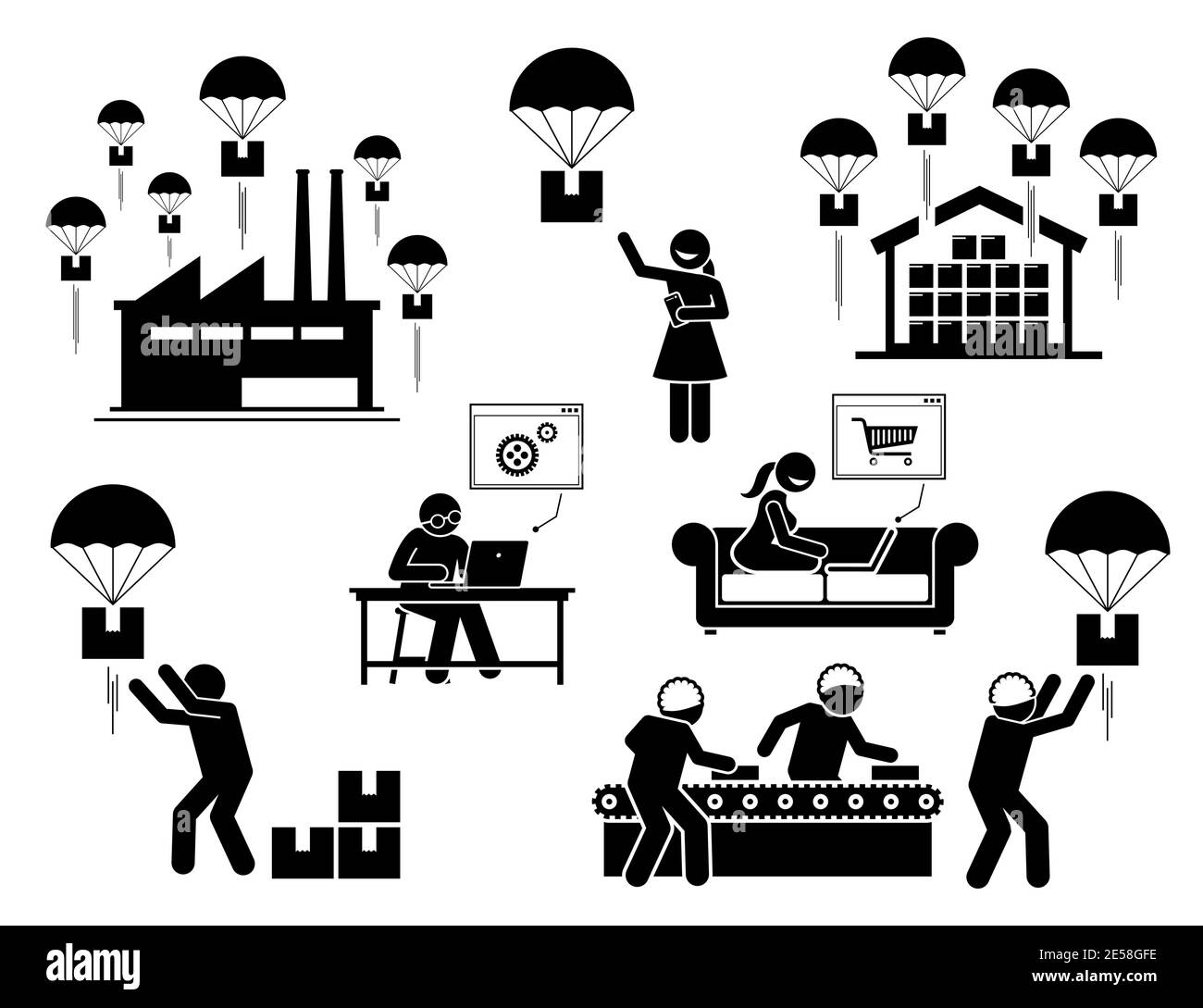 Jeu d'icônes de modèle d'entreprise de livraison par chute. Illustrations vectorielles de l'industrie de dropshipping par laquelle une fille achetant le produit en ligne par le biais de tiers vendeur. Illustration de Vecteur