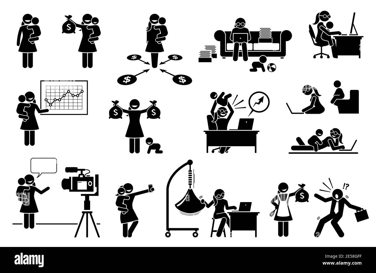 Travail réussi de la mère ou de la mère à la maison. Illustration vectorielle d'une momie ayant réussi à travailler, à faire des affaires, et à gagner de l'argent à la maison en utilisant la comput Illustration de Vecteur