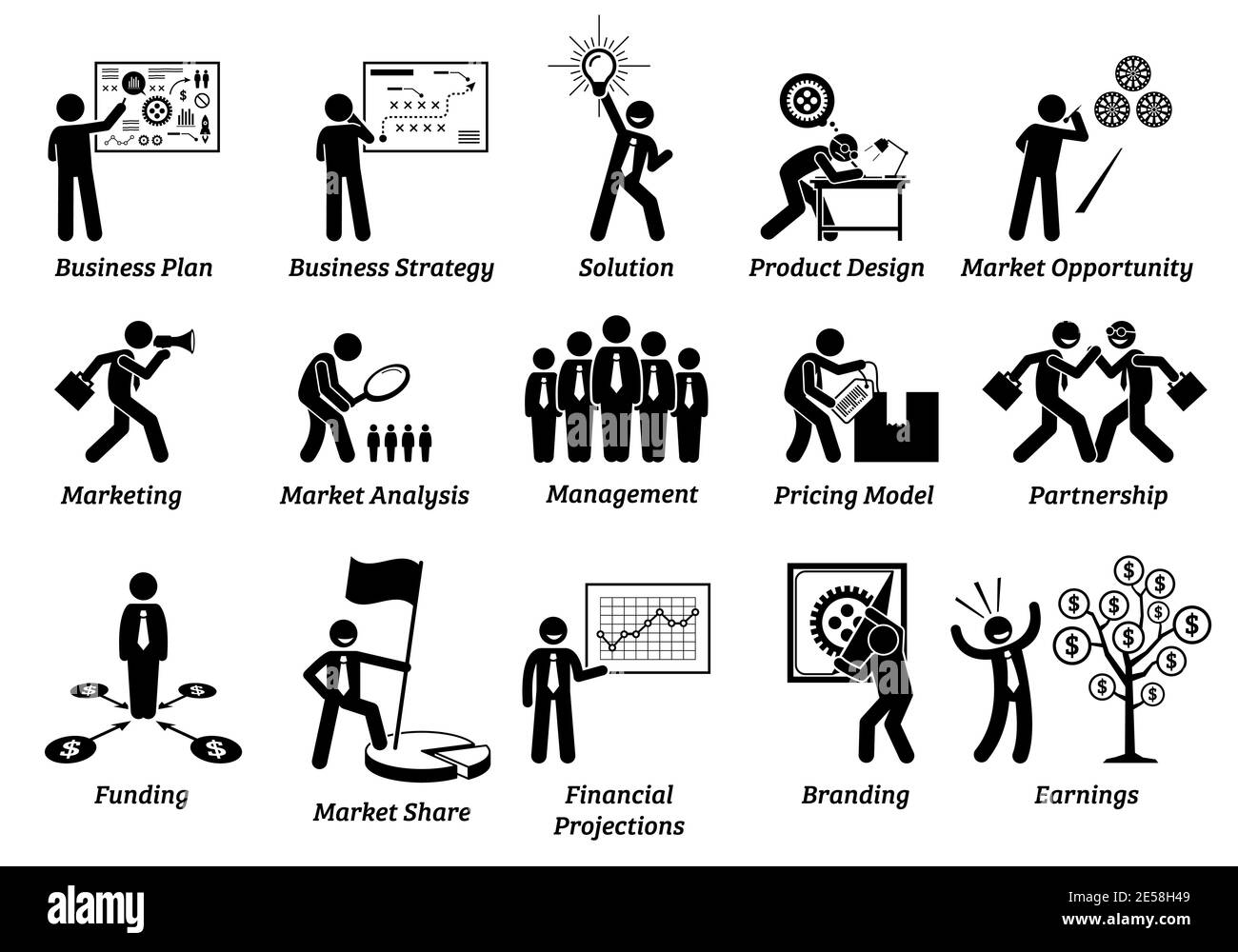 Jeu d'icônes de chiffre de clé de plan d'affaires. Illustrations vectorielles concept de planification des activités qui comprend la stratégie, la conception, l'analyse, la gestion, les partenaires Illustration de Vecteur