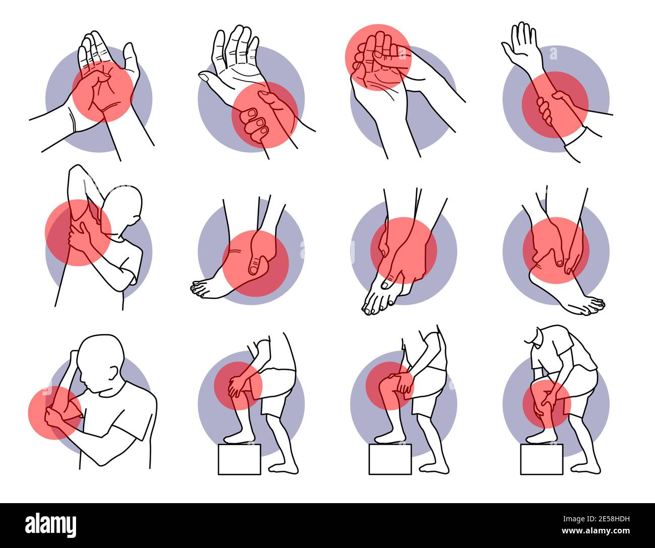 Douleur et blessure sur les parties de la main et de la jambe. Illustrations vectorielles de la main, des doigts, du bras, de la jambe, de la cheville, du talon, du genou et du coude douloureux. Symptômes de la sprature musculaire Illustration de Vecteur Douleur et blessure sur les parties de la main et de la jambe. Illustrations vectorielles de la main, des doigts, du bras, de la jambe, de la cheville, du talon, du genou et du coude douloureux. Symptômes de la sprature musculaire Illustration de Vecteur