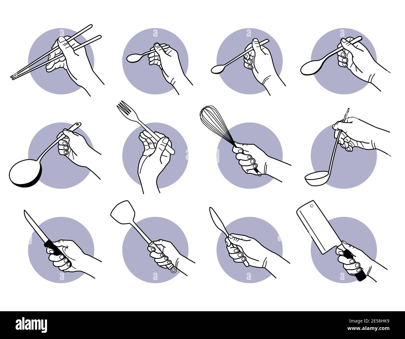 Tenir les ustensiles de cuisine et les outils de cuisson à la main. Illustrations vectorielles d'une main tenant des baguettes, une cuillère, une fourchette, un fouet, un couteau et une spatule. Illustration de Vecteur