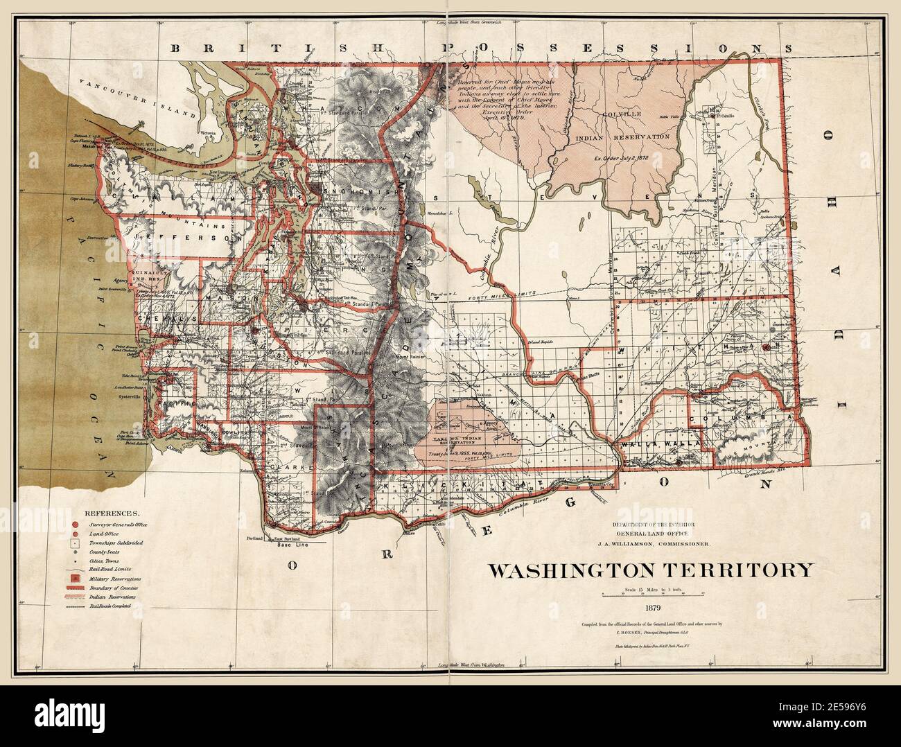 Carte du territoire de Washington 1879. Titre original: 'Washington Territory.' Affiche les réservations indiennes et les chemins de fer. Il s'agit d'une reproduction améliorée et restaurée d'une ancienne carte datée de 1879. Affiche les comtés du territoire de Washington, et les réservations indiennes de Quinault, Yakima et Colville. Une note sur une réserve indique: «réservé au chef Moïse et à son peuple, et à d'autres Indiens amicaux qui peuvent choisir de s'installer ici avec le consentement du chef Moïse et du secrétaire de l'intérieur. Ordre exécutif avril 19 1879.' Banque D'Images