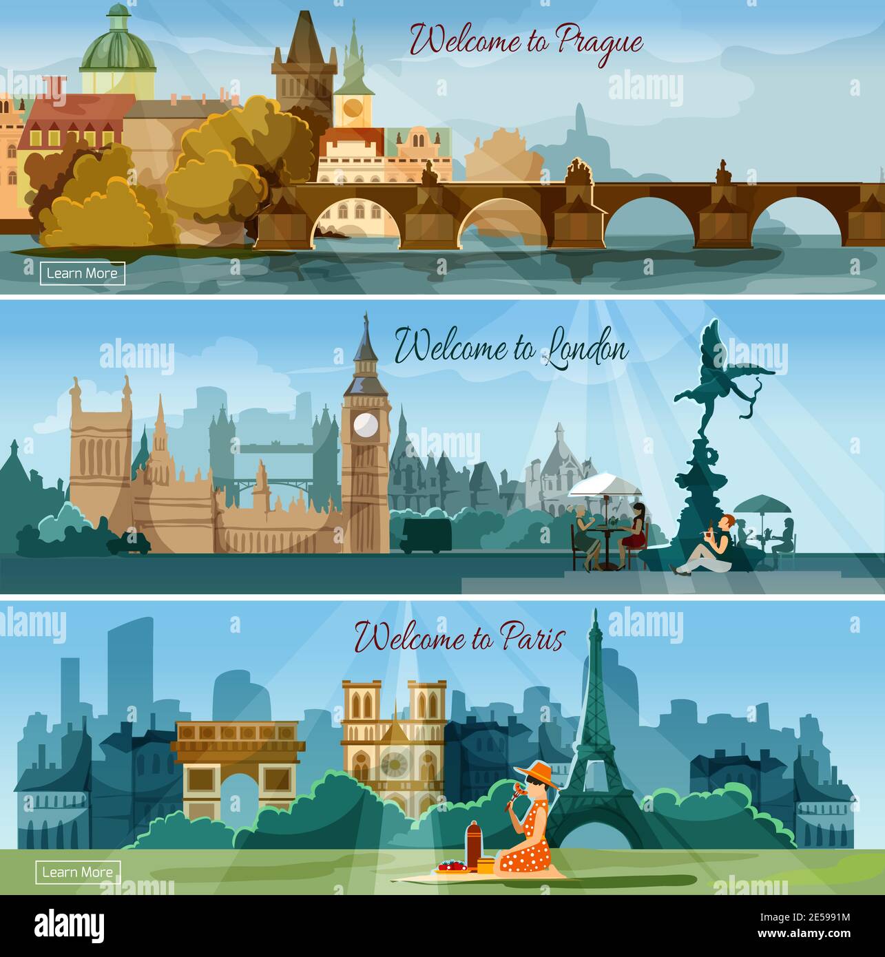 Visites de vacances internationales publicité 3 bannières plates fixer affiche avec les capitales européennes sont une illustration abstraite de vecteur isolé Illustration de Vecteur
