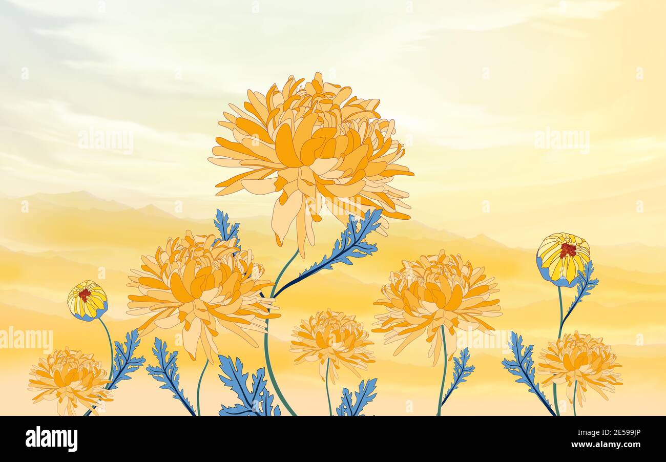 illustration 3d, pivoines orange vif avec feuilles bleues sur fond clair Banque D'Images