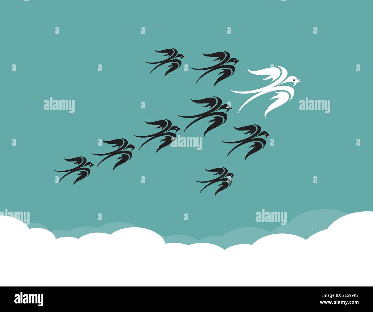 Troupeau d'oiseaux (hirondelle) volant dans le ciel, concept de leadership. Illustration vectorielle superposée facile à modifier. Illustration de Vecteur