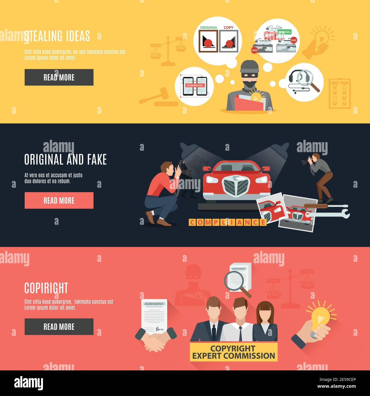 Banderoles horizontales plates de conformité avec commission d'experts sur le droit d'auteur dérobant des idées illustration vectorielle des icônes des produits originaux et factices Illustration de Vecteur