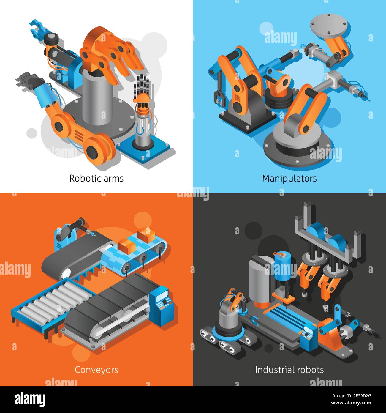 Jeu de concepts de conception de robots industriels avec bras robotisés et  convoyeurs icônes isométriques illustration vectorielle isolée Image  Vectorielle Stock - Alamy