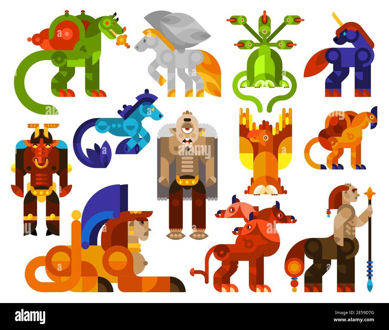 Icônes de créatures mythiques avec des animaux monstres légendaires isolés à plat illustration vectorielle Illustration de Vecteur