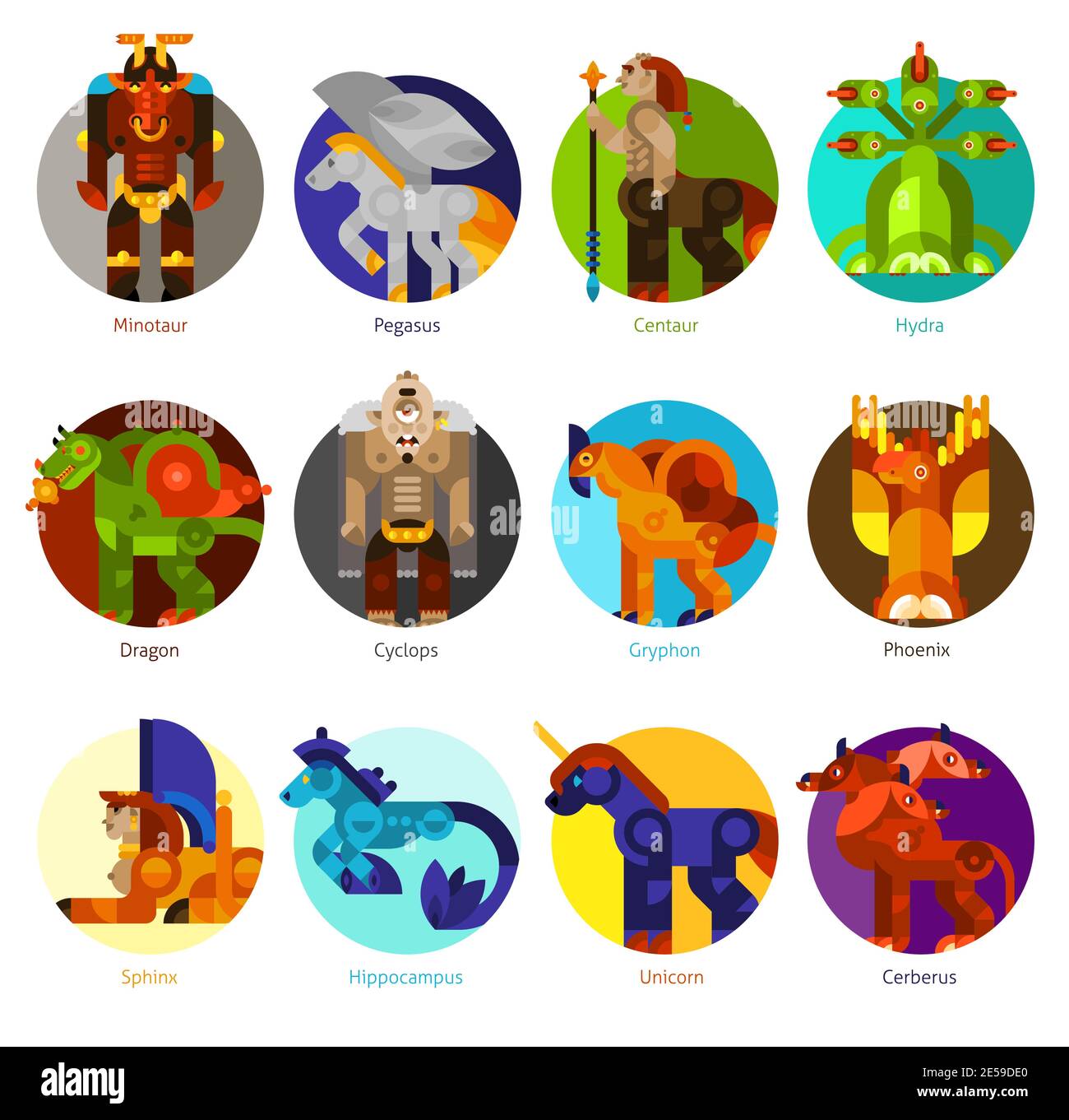 Créatures mythiques icônes plates ensemble avec des animaux mythologiques classiques isolés illustration vectorielle Illustration de Vecteur