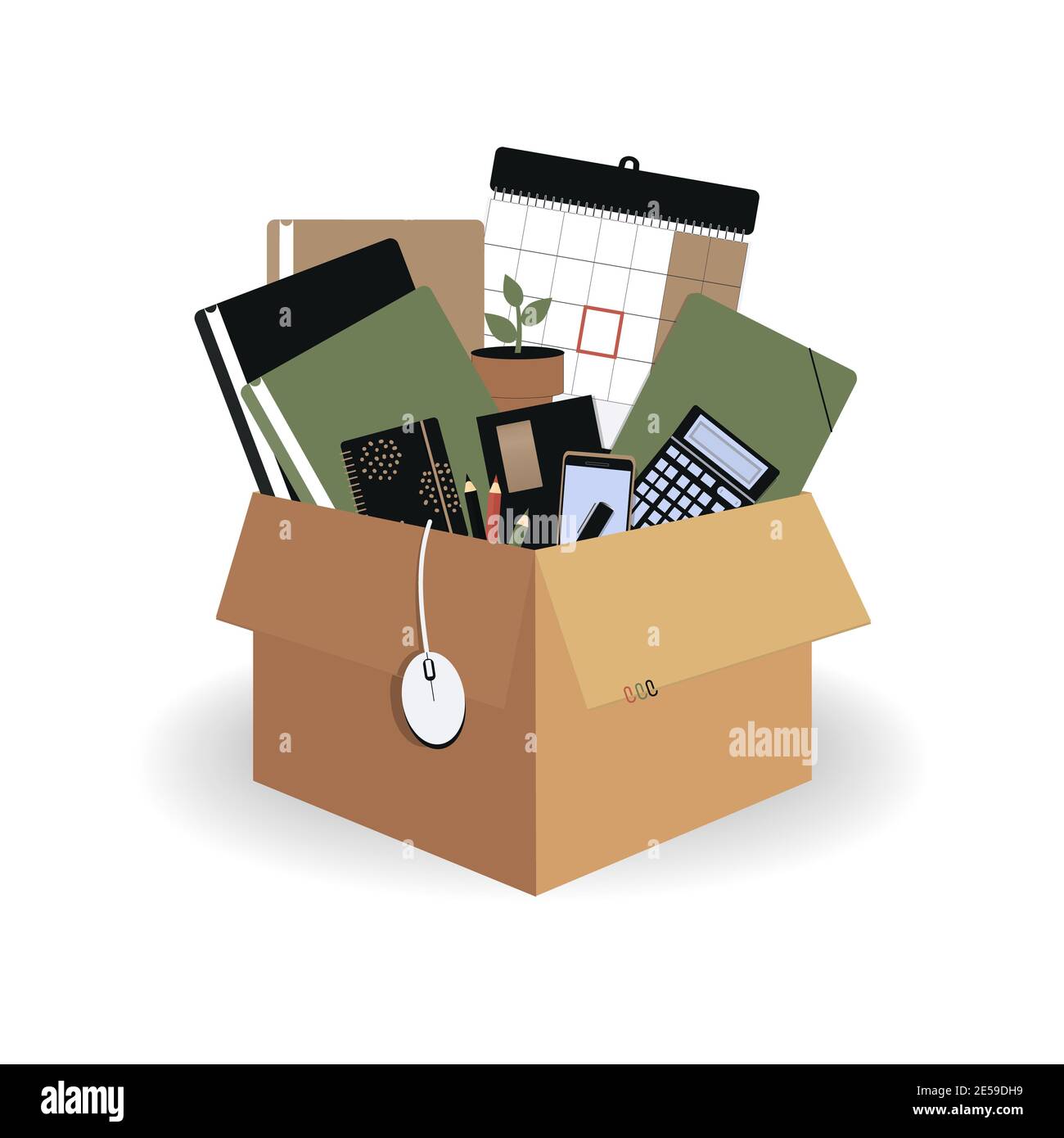 Concept de déménagement dans un nouveau bureau. Carton boîte marron 3d avec dossiers, calendrier mural, stylo, crayons, organiseur personnel, planificateur, enveloppe, plante, souris Banque D'Images