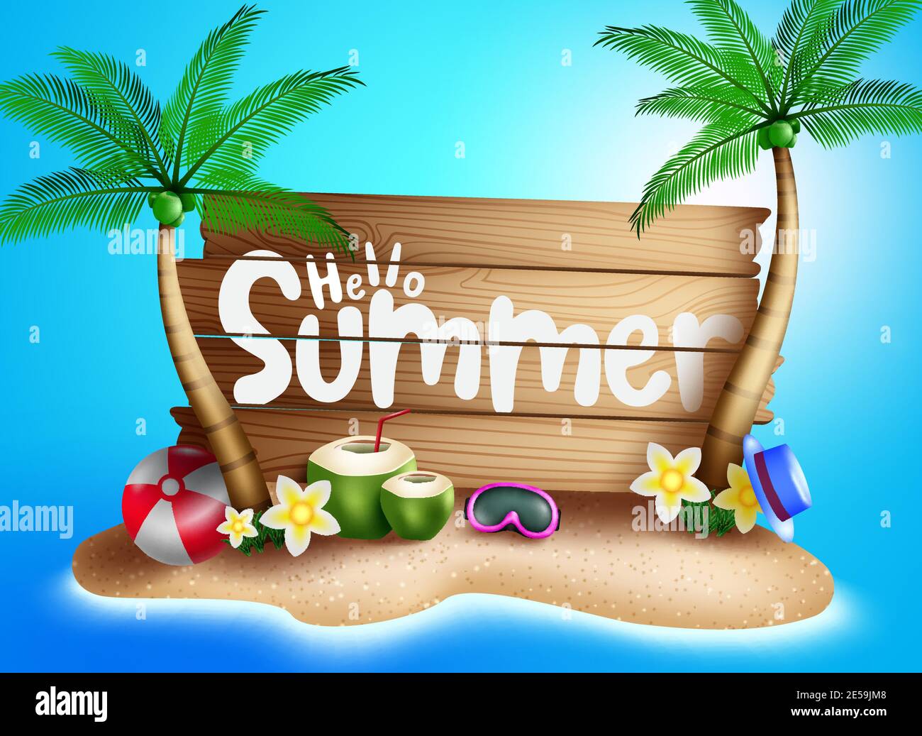 Hello Summer Vector concept design. Bonjour texte d'été en toile de bois et l'arrière-plan de l'île de plage avec élément de saison tropicale comme les palmiers. Illustration de Vecteur