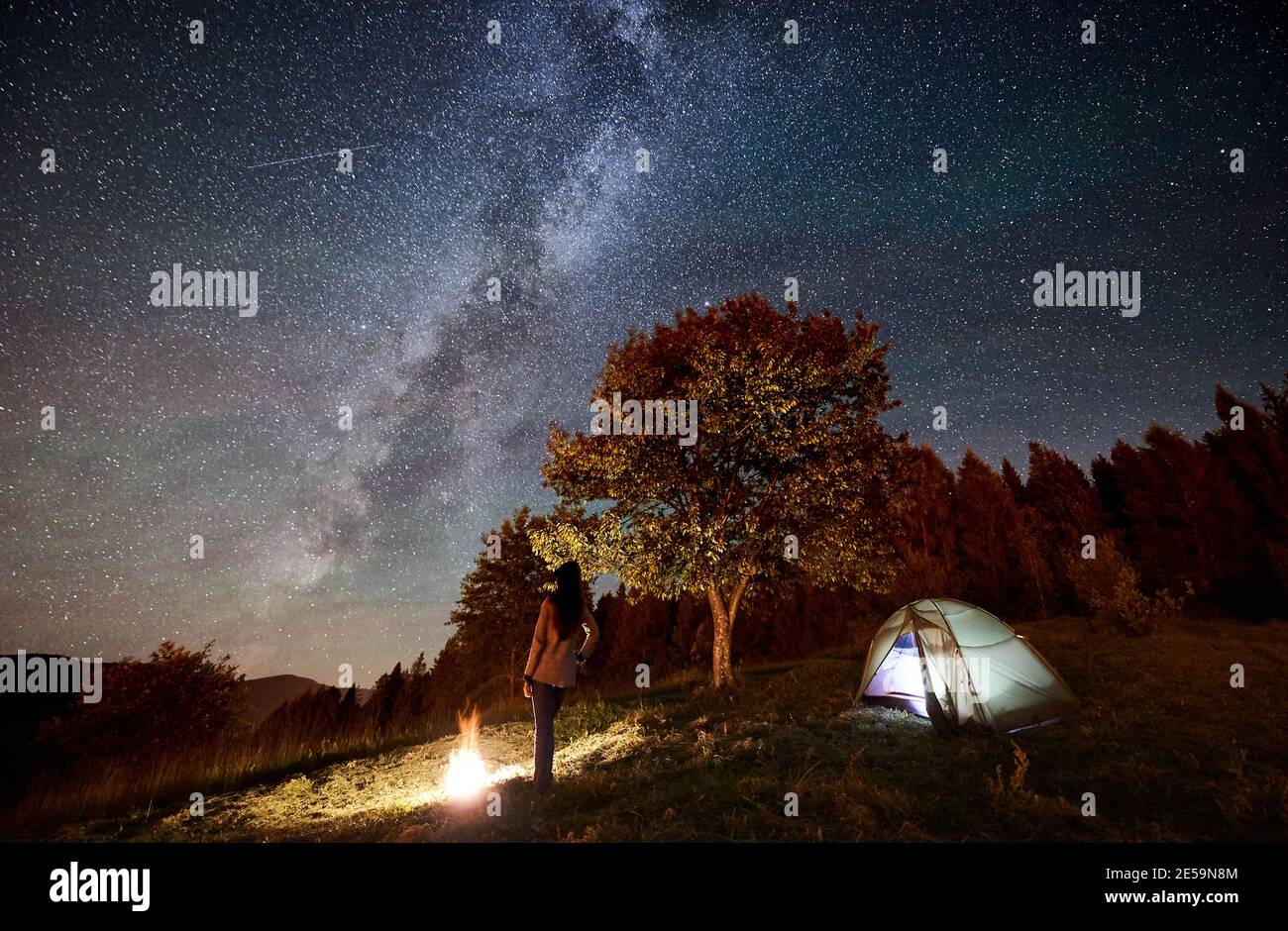 Vue arrière de la femme touriste se reposant au feu de camp à côté du camping et de la tente touristique illuminée, profitant de la vue du ciel nocturne plein d'étoiles et de la voie lactée. Sur fond ciel étoilé, montagnes et grand arbre Banque D'Images