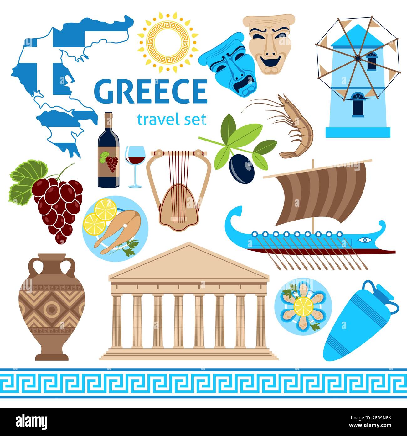 Agence de voyage grèce affiche des visites culturelles avec des symboles historiques nationaux illustration vectorielle plate de la carte des drapeaux et des pays Illustration de Vecteur