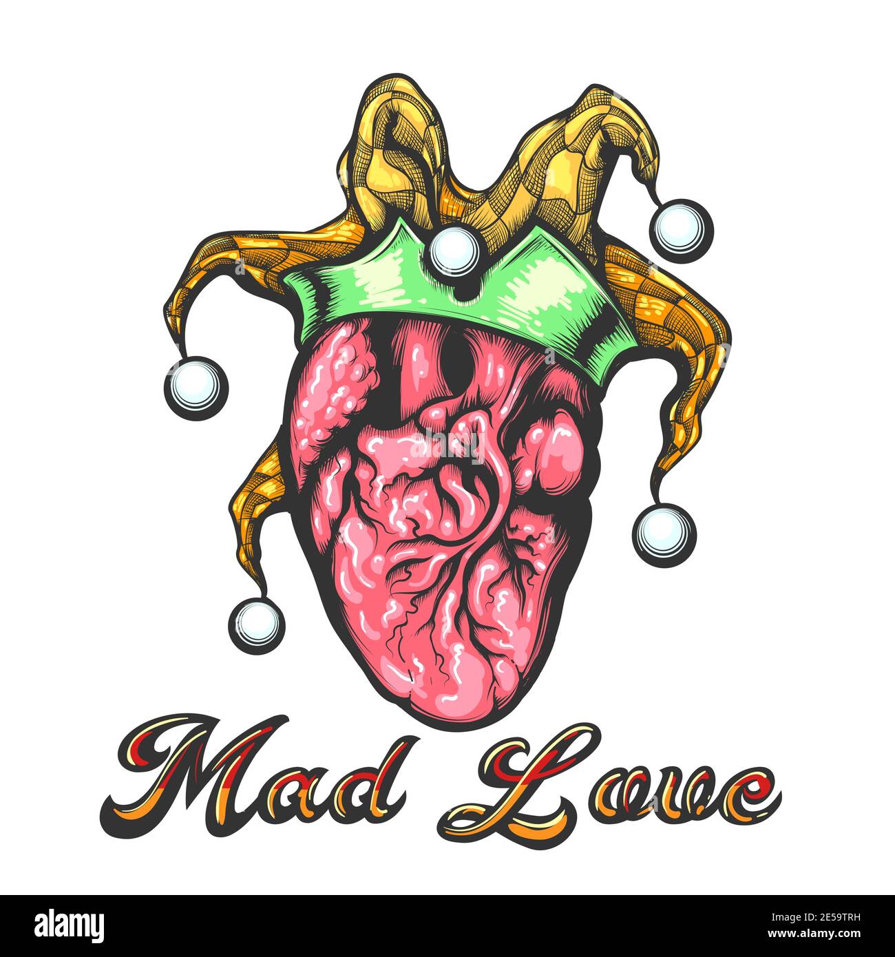 Tatouage de coeur humain avec chapeau de Jester et l'intitulé Mad Love Tattoo dessiné en style gravure. Illustration vectorielle. Illustration de Vecteur