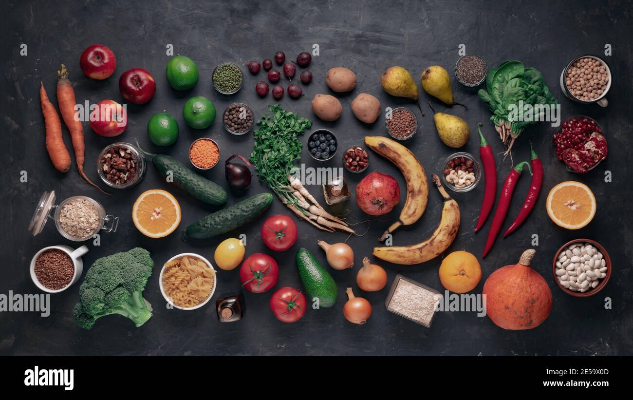 Ensemble de légumes utiles, fruits, nourriture, vue de dessus Banque D'Images