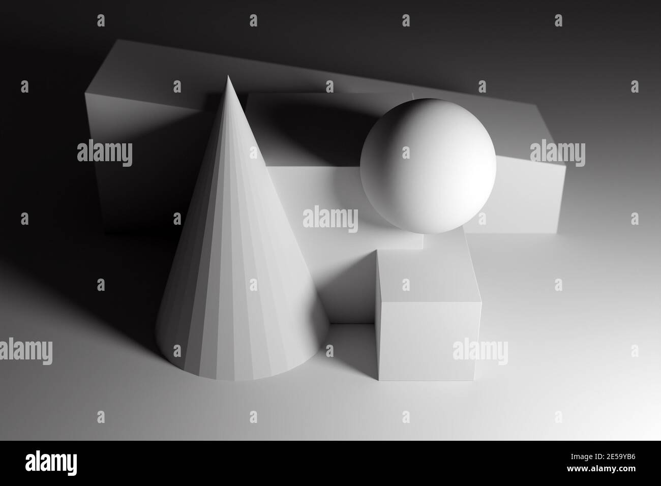 3d classique encore vie avec des formes géométriques noir et blanc avec  ombre: parallélépipède, cube, cône, boule Photo Stock - Alamy