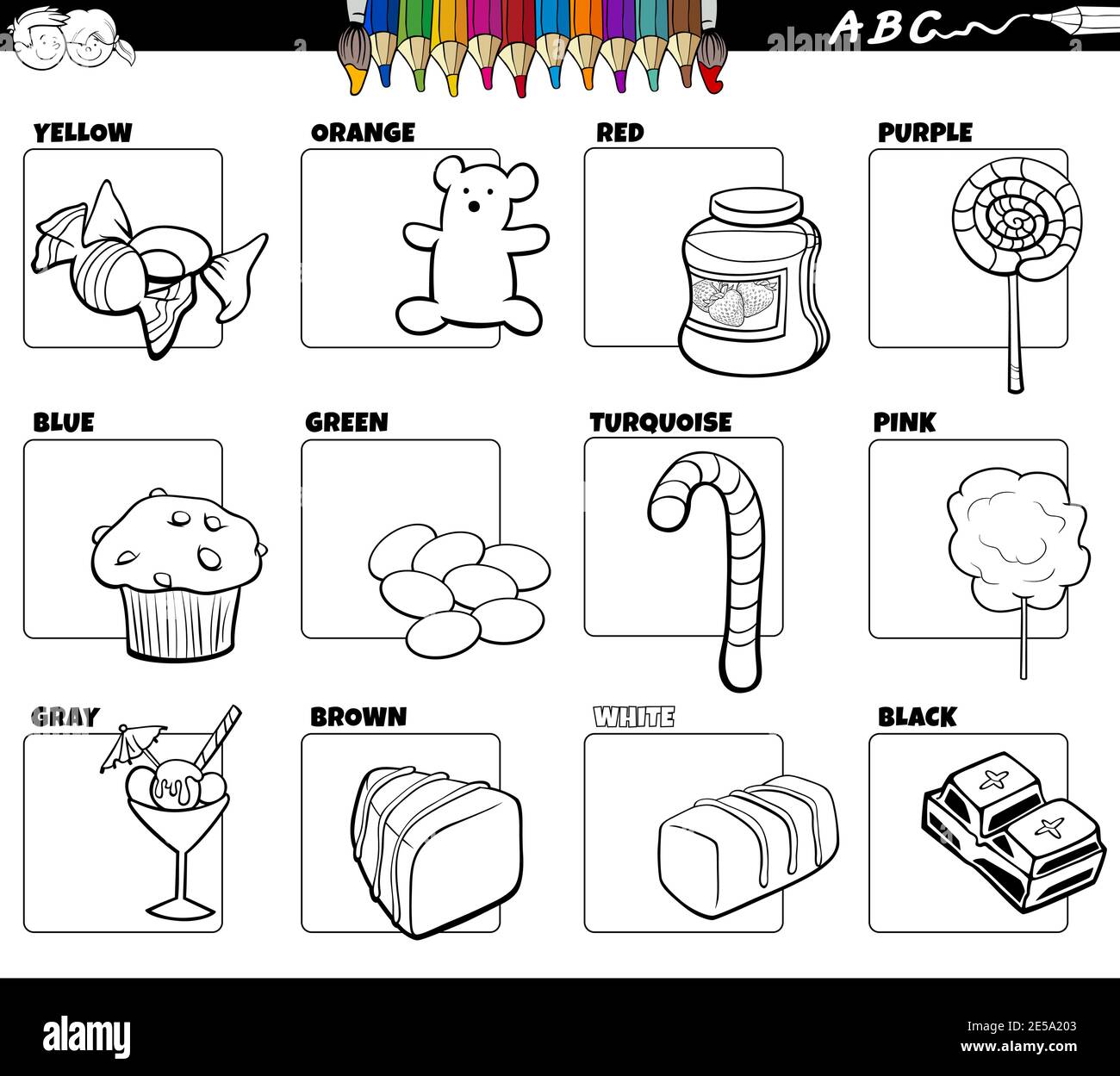 Dessin animé en noir et blanc, couleurs de base avec bande dessinée page de livre de coloriage de l'ensemble éducatif d'aliments sucrés Illustration de Vecteur