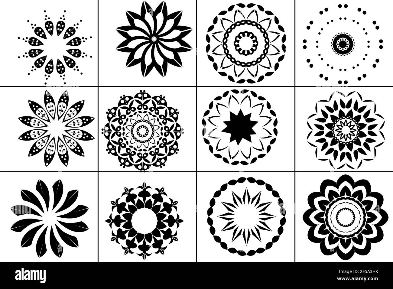 Mandalas noires isolées sur fond blanc Banque D'Images