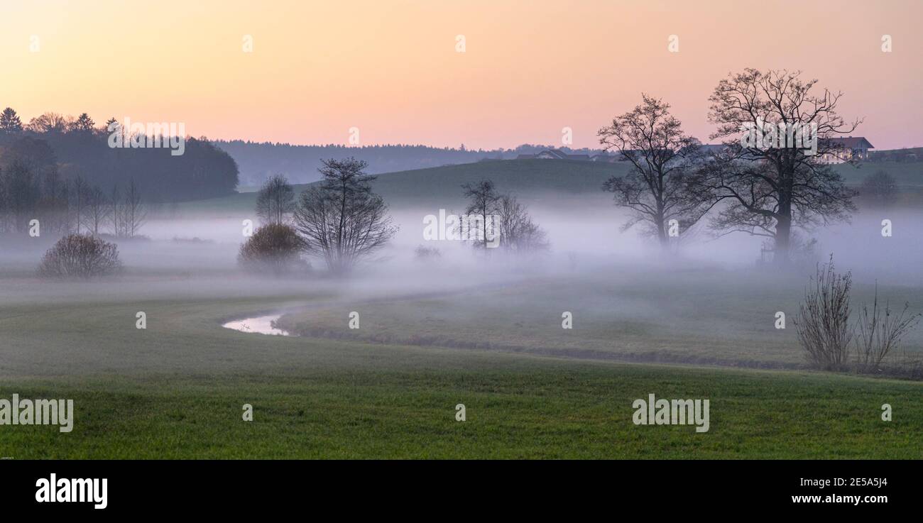 Brouillard montant dans une petite vallée fluviale en automne , Allemagne, Bavière Banque D'Images