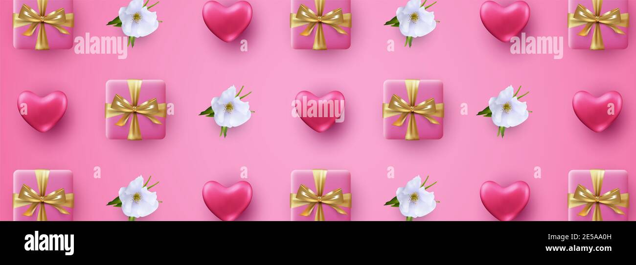 Bannière de la Saint-Valentin. Composition symétrique romantique avec coeurs, boîtes-cadeaux et fleurs. Illustration 3D Banque D'Images