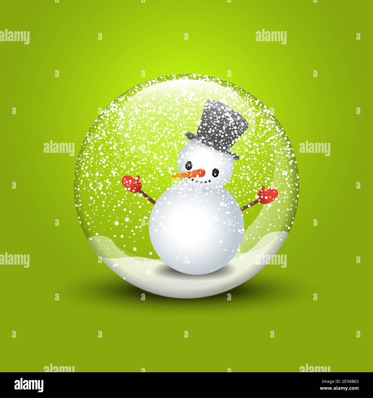 illustration 3d Joyeux Noël. Boule à neige avec bonhomme de neige sur fond vert Illustration de Vecteur