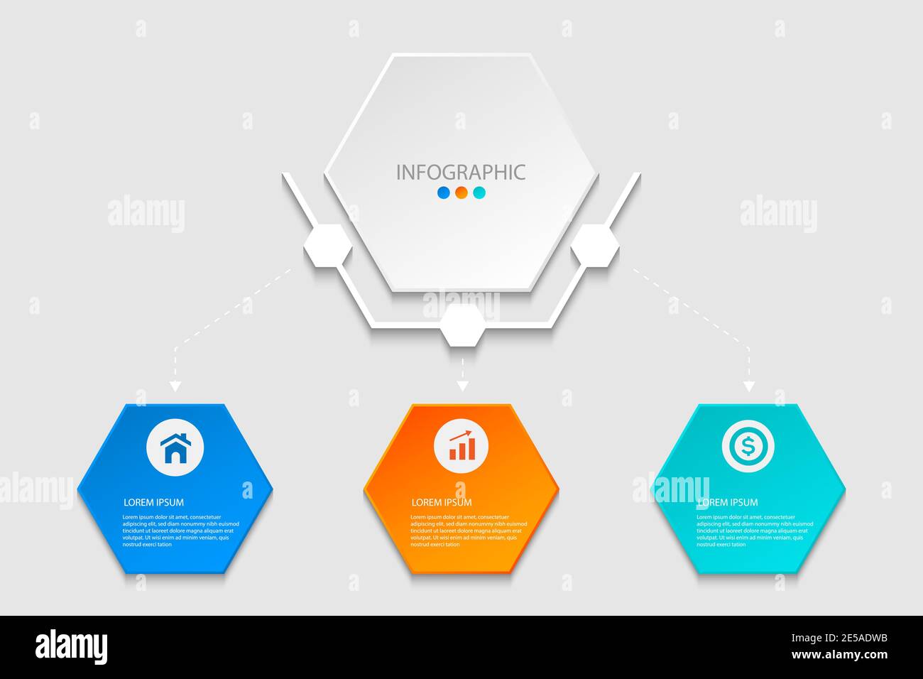 Infographie vectorielle colorée pour votre entreprise. 3 Options. Forme géométrique avec ombre et flèche sur fond gris Illustration de Vecteur
