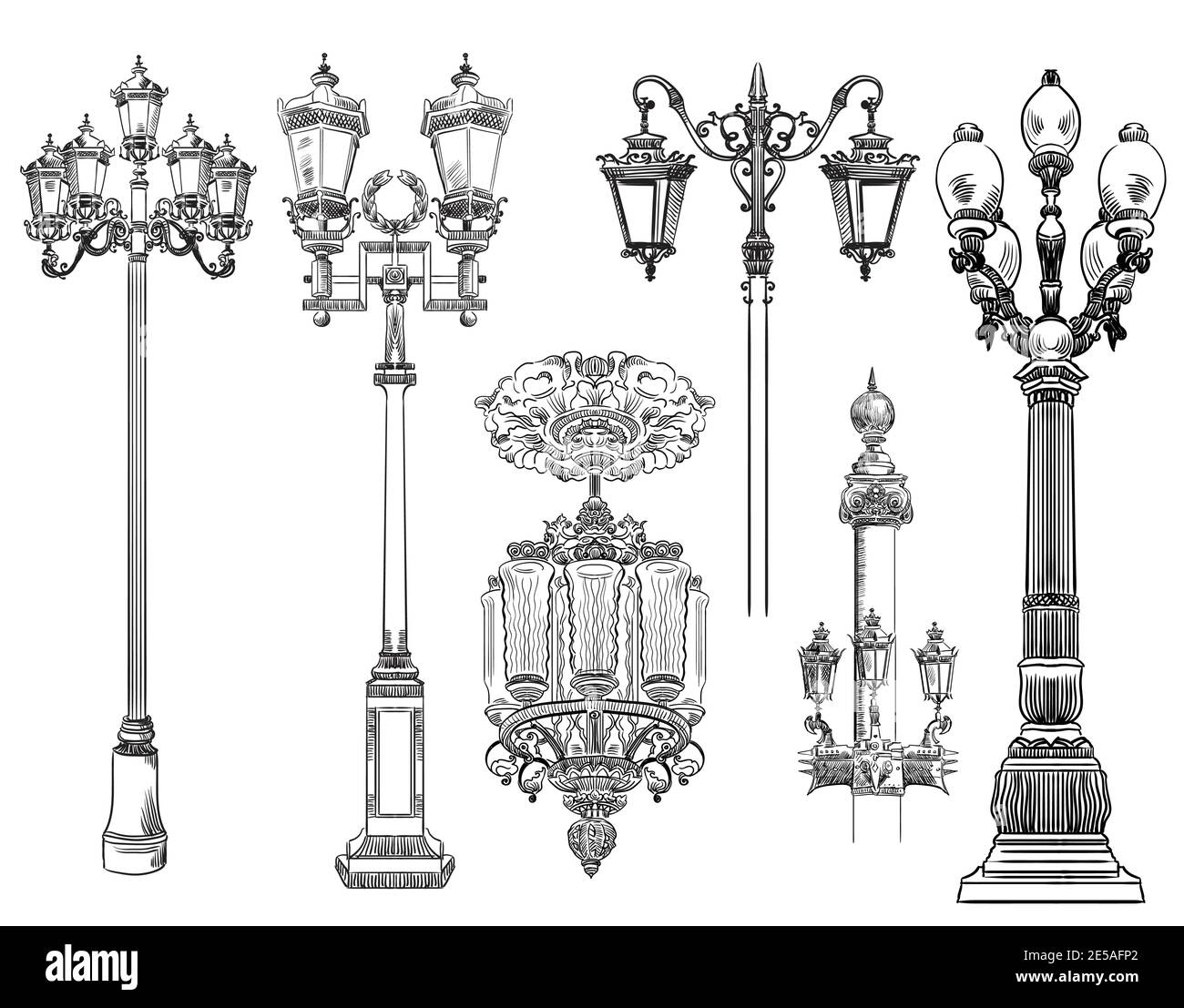 Ensemble de croquis dessinés à la main de lanternes décoratives d'éléments architecturaux urbains. Illustration vectorielle pour la décoration, carte postale, affiches, design, cartes, bâton Illustration de Vecteur