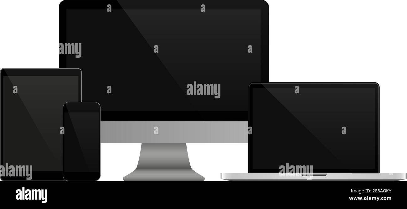 Ensemble réaliste d'ordinateur, d'ordinateur portable, de tablette et de téléphone mobile. Moniteur informatique moderne à écran plat Illustration de Vecteur
