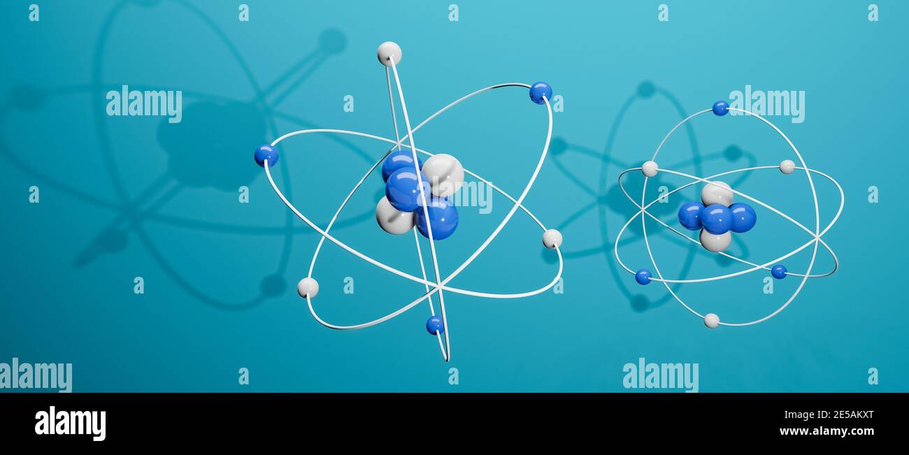 Modèle 3D d'atomes avec noyau, électrons, protons et neutrons en orbite, chemin circulaire, illustration de rendu cgi, fond bleu, rendu Banque D'Images