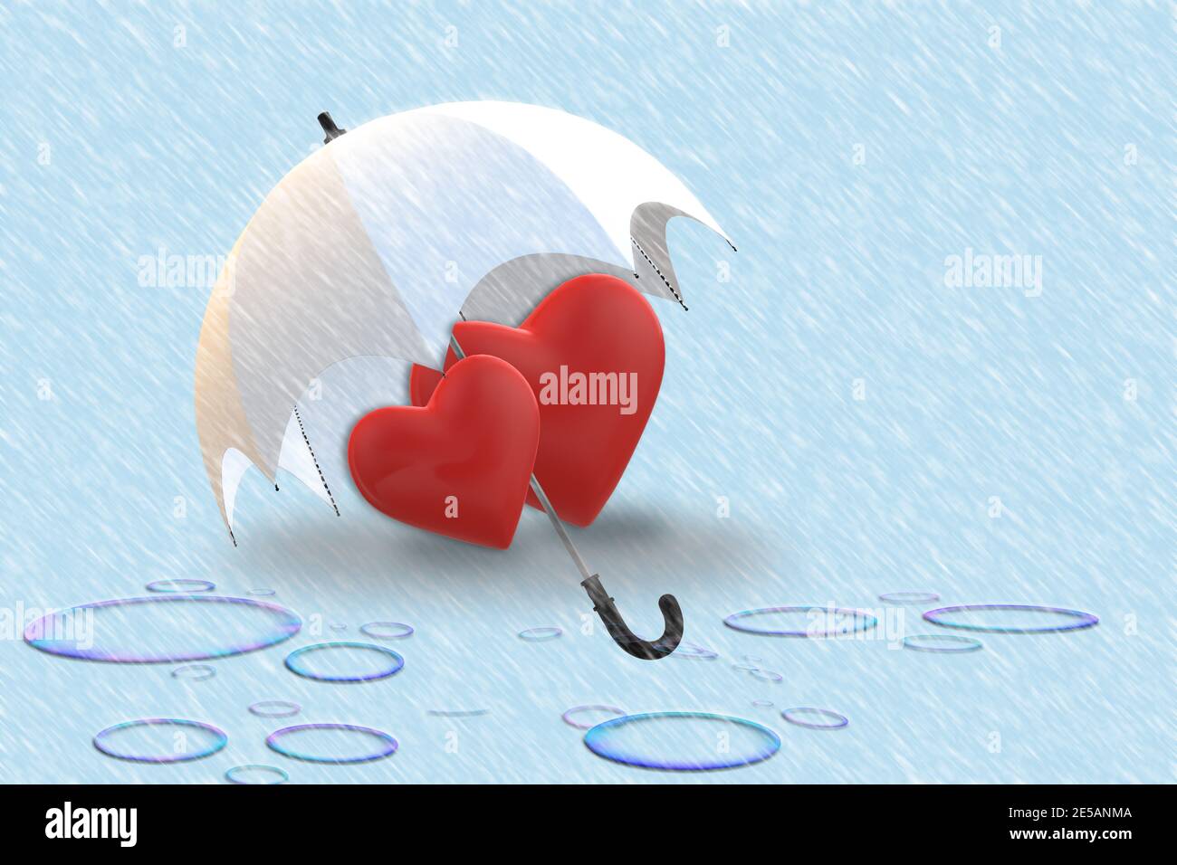 Amour coeur sous la protection de parapluie en jour de pluie. Deux coeurs amoureux sur fond bleu avec pluie. Carte de vœux de Saint-Valentin. Rendu 3D Banque D'Images