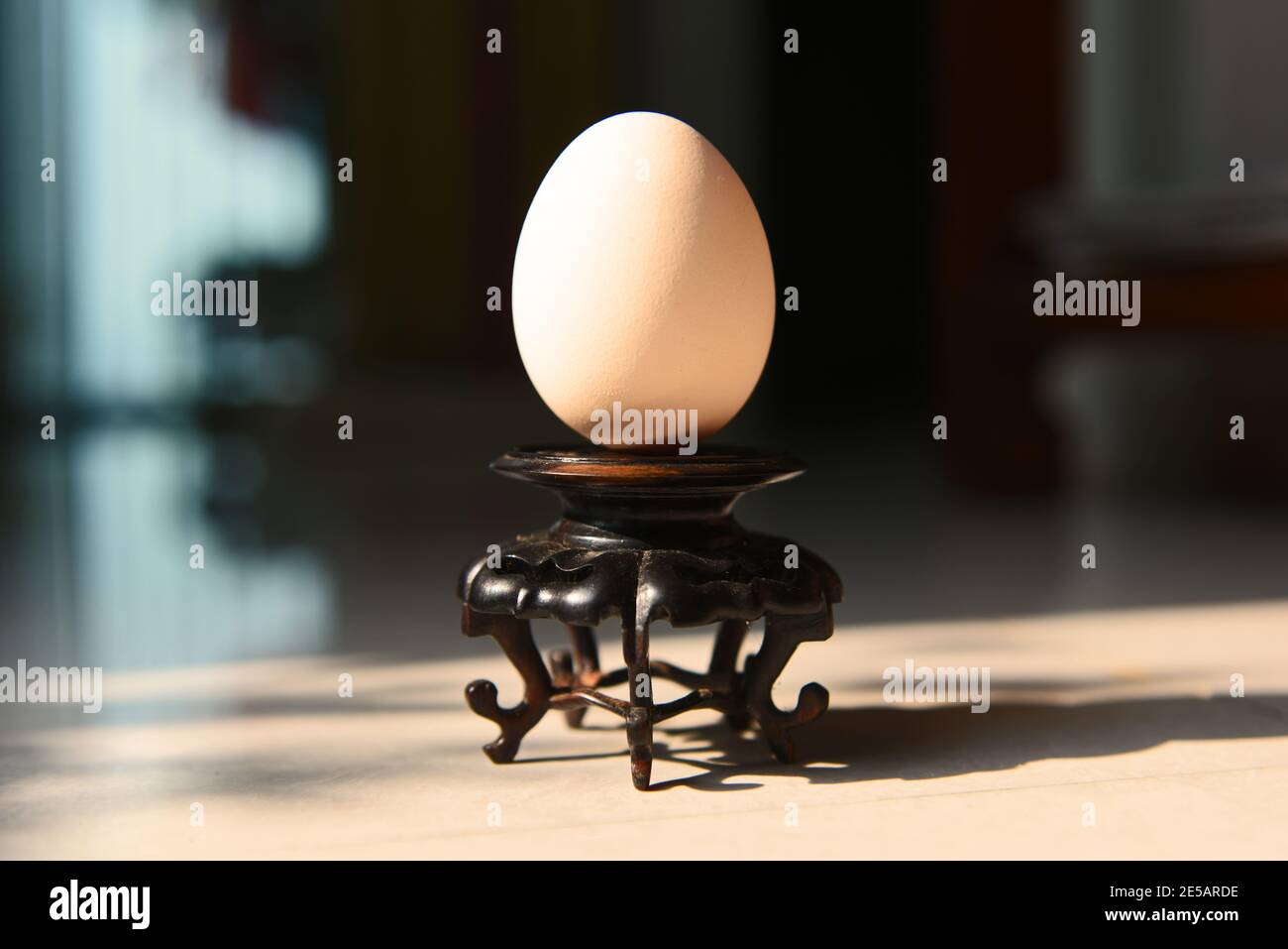 Un œuf sur un socle en bois Banque D'Images