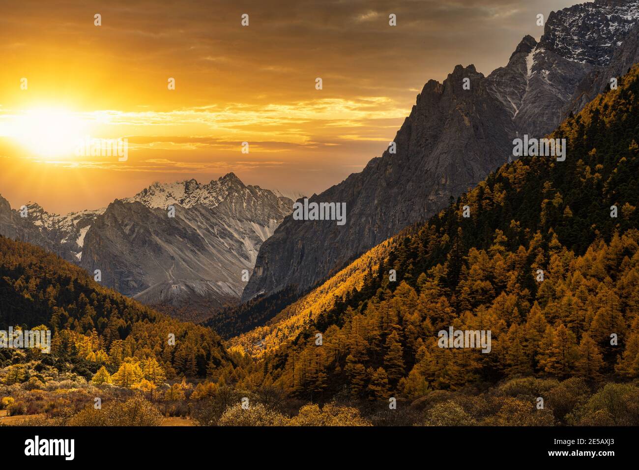 Scène de coucher de soleil à la montagne en automne saison dans la réserve naturelle de yading, comté de Daocheng, sud-ouest de la province de Sichuan, Chine.voyage destination an Banque D'Images