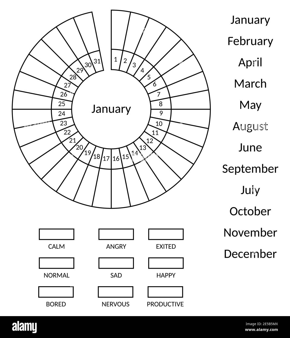 Cercle de suivi d'humeur vierge avec chiffres et mois. Modèle monochrome de journal à puces. Illustration de Vecteur