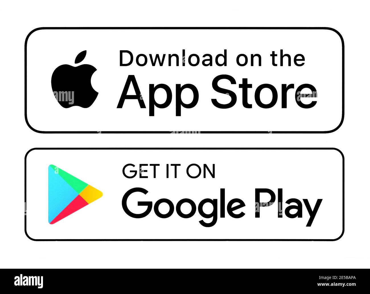 Kiev, Ukraine - 20 octobre 2020: Télécharger sur l'App Store et l'obtenir sur Google Play icônes de bouton blanc, imprimé sur papier Banque D'Images