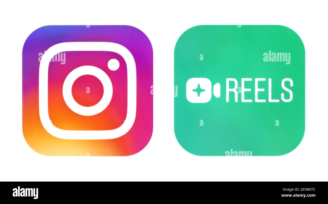 Kiev, Ukraine - 21 septembre 2020 : icônes Instagram et Instagram Reels, imprimées sur papier. Instagram lance Reels pour créer et partager des vidéos courtes Banque D'Images