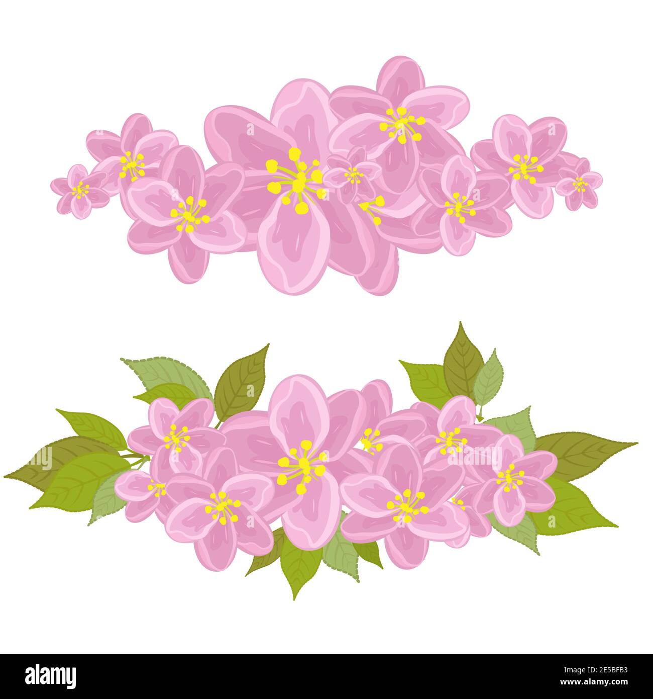 Un ensemble de deux couronnes de fleurs roses. Avec des feuilles et pas de feuilles. Fleurs de prune, pêche, cerisiers en fleurs Banque D'Images