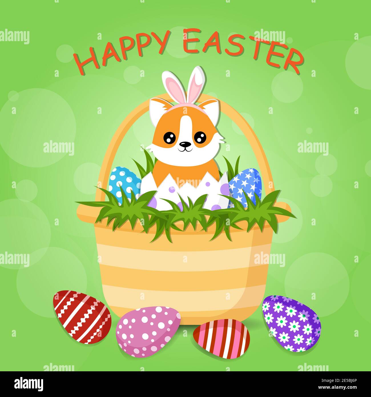 Le joli chien corgi avec des oreilles de lapin est assis dans le panier de Pâques, plein d'oeuf coloré. Illustration de dessin animé vectoriel avec texte joyeuses Pâques Illustration de Vecteur
