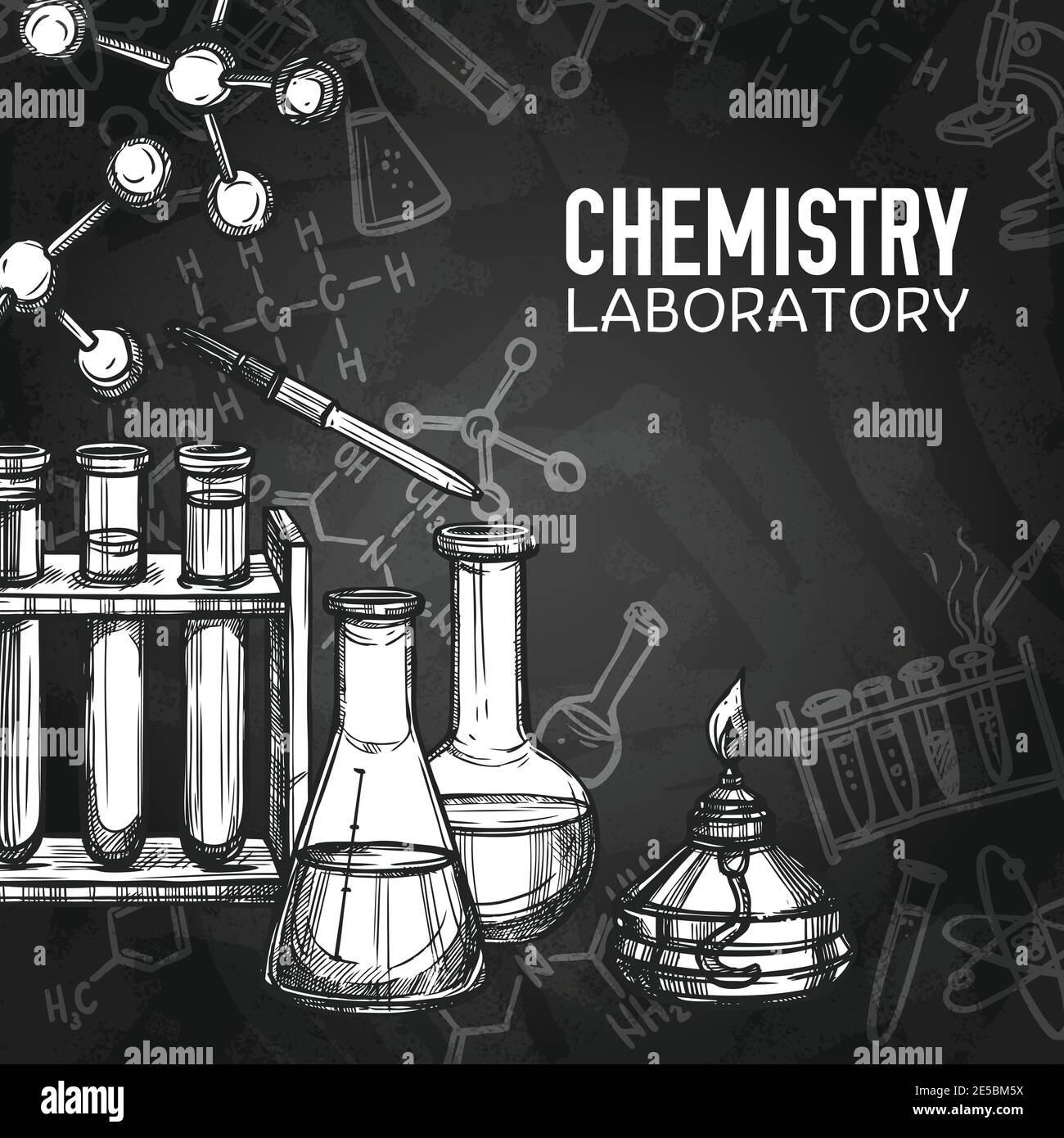 Dessin à la craie monochrome des équipements de laboratoire de chimie arrière-plan du tableau noir avec illustration du vecteur de titre Illustration de Vecteur