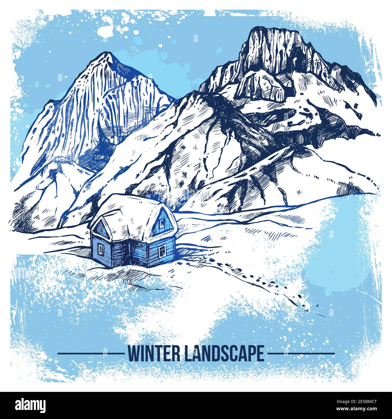 Croquis du paysage d'hiver avec maison isolée sur neige sauvage et illustration du vecteur d'arrière-plan des montagnes Illustration de Vecteur