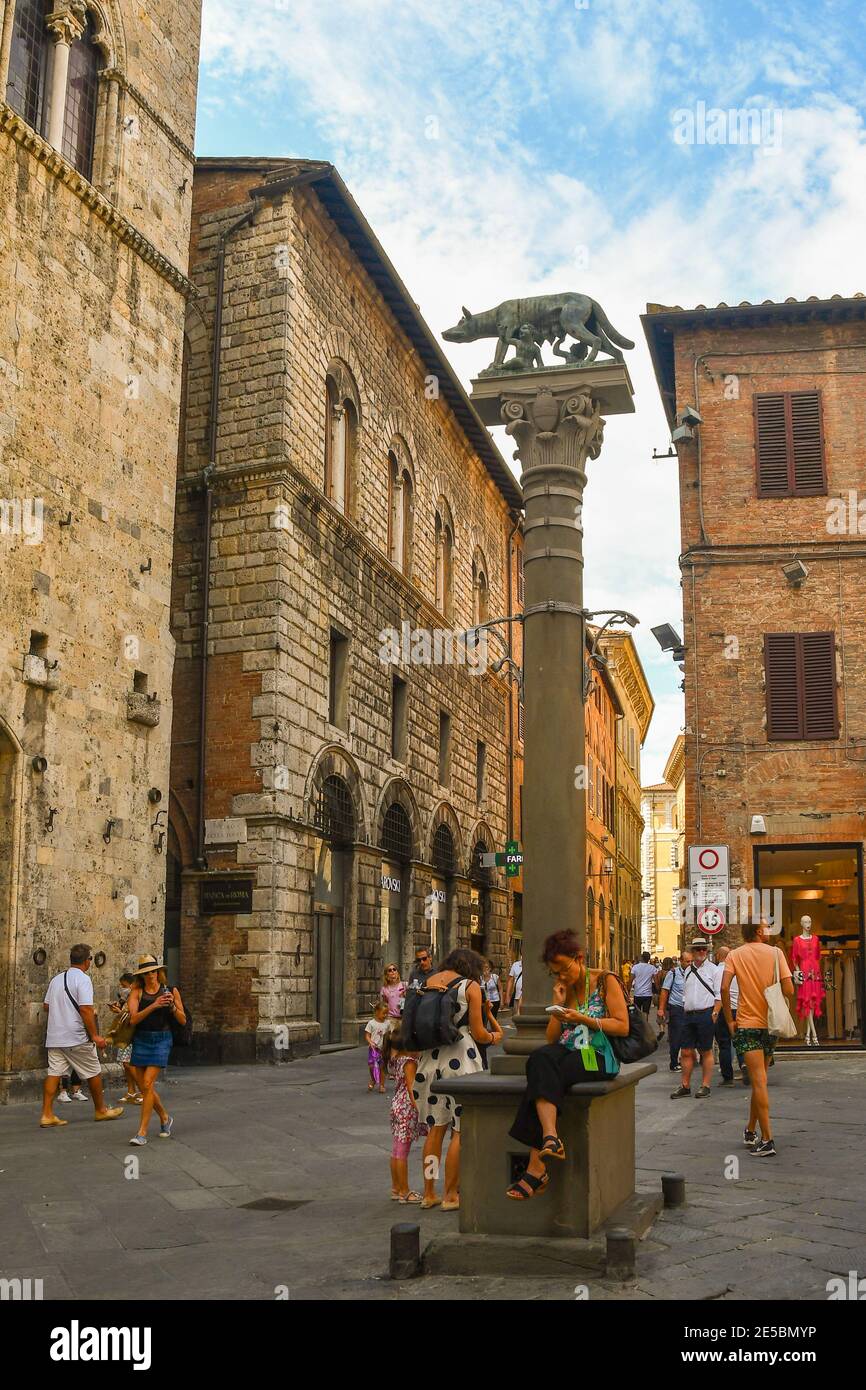 Piazza Tolomei dans la vieille ville de Sienne, site classé au patrimoine mondial de l'UNESCO, avec la colonne du loup siennois et les touristes en été, Toscane, Italie Banque D'Images