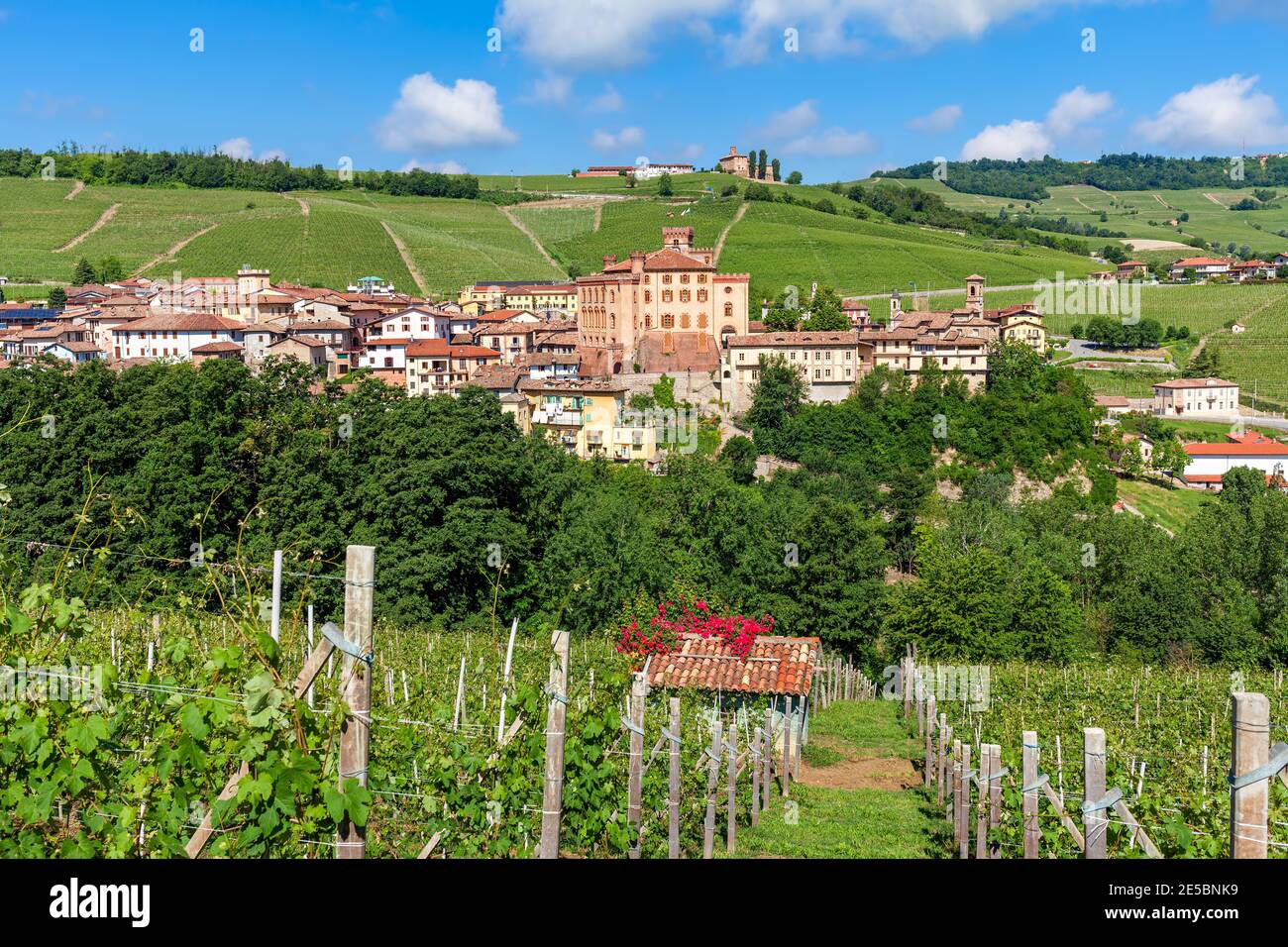 Vue sur la petite ville de Barolo parmi les vignobles verdoyants sur les collines du Piémont, dans le nord de l'Italie. Banque D'Images