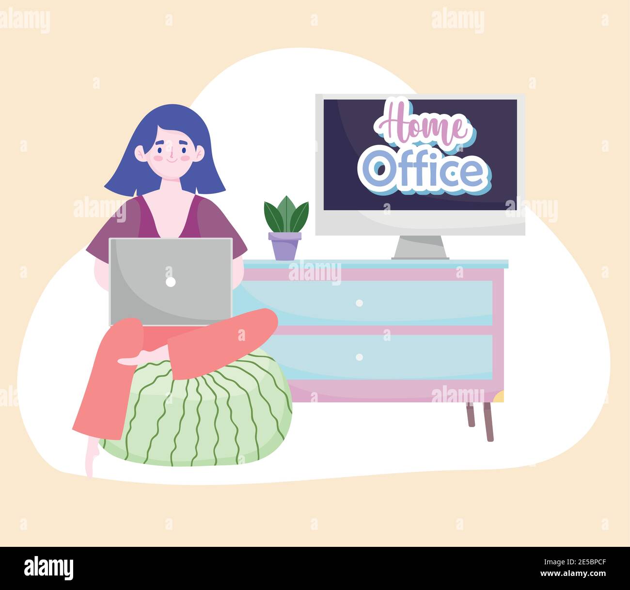 femme utilisant un ordinateur portable assis sur une chaise de haricot bureau à la maison vecteur illustration Illustration de Vecteur