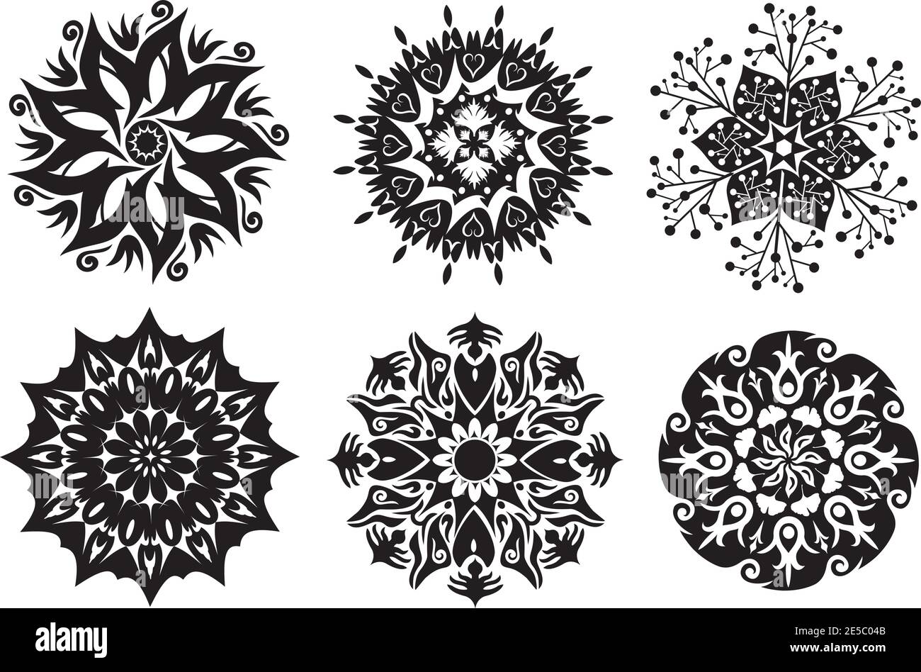 Ensemble de fleurs, nature Mandalas en noir et blanc Illustration de Vecteur