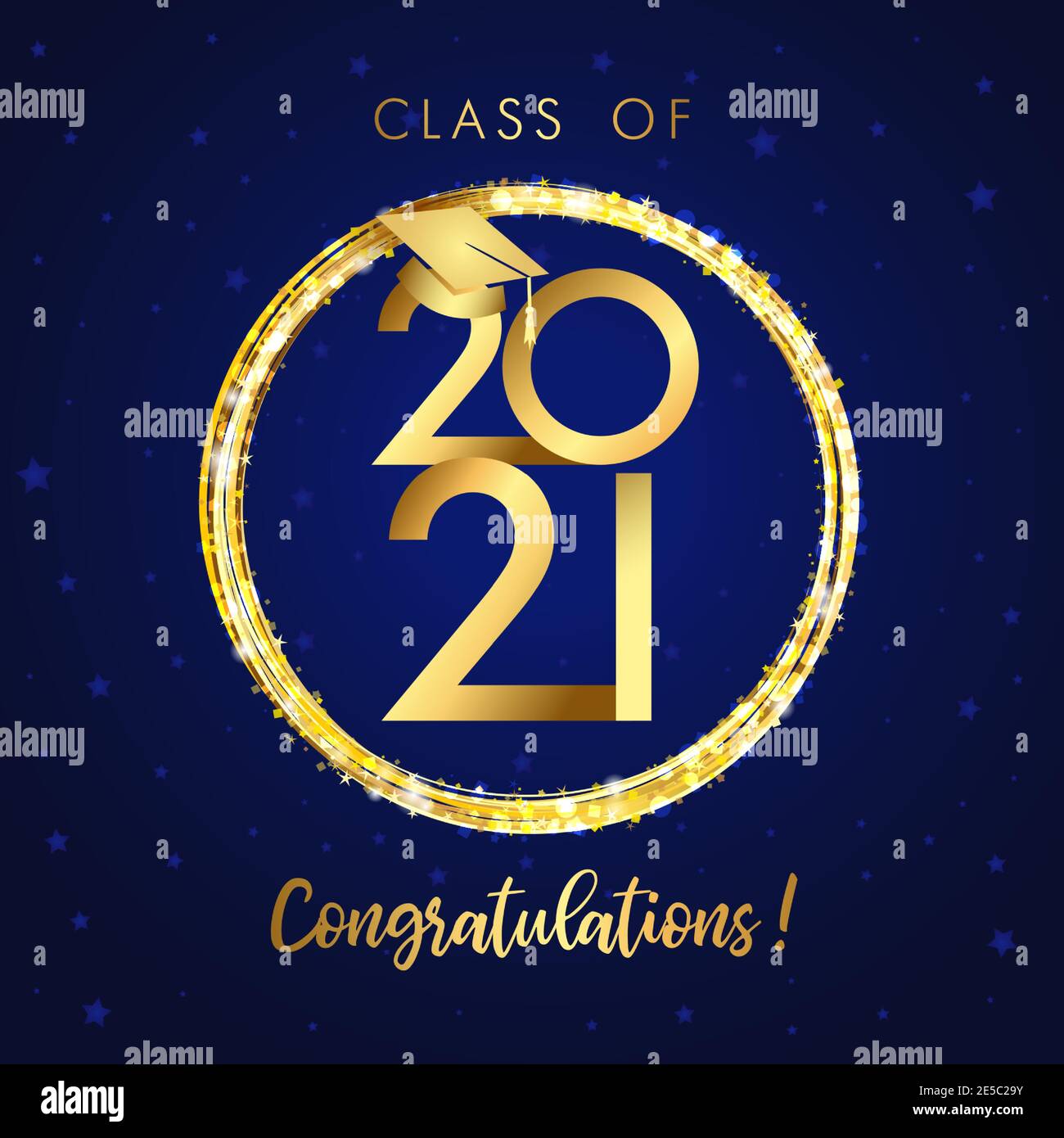 Bannière de remise des diplômes de 2021 ans, concept de remise des prix. Signe brillant, carte d'invitation de vacances heureux, cercle doré. Motif graphique abstrait isolé templ Illustration de Vecteur
